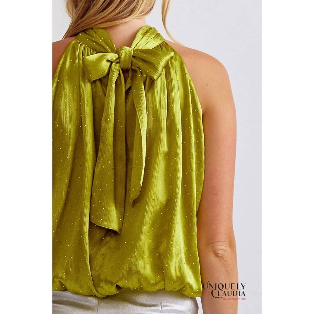 NEW ENTRO carola embellished halter top in martini olive - Picture 7 of 8